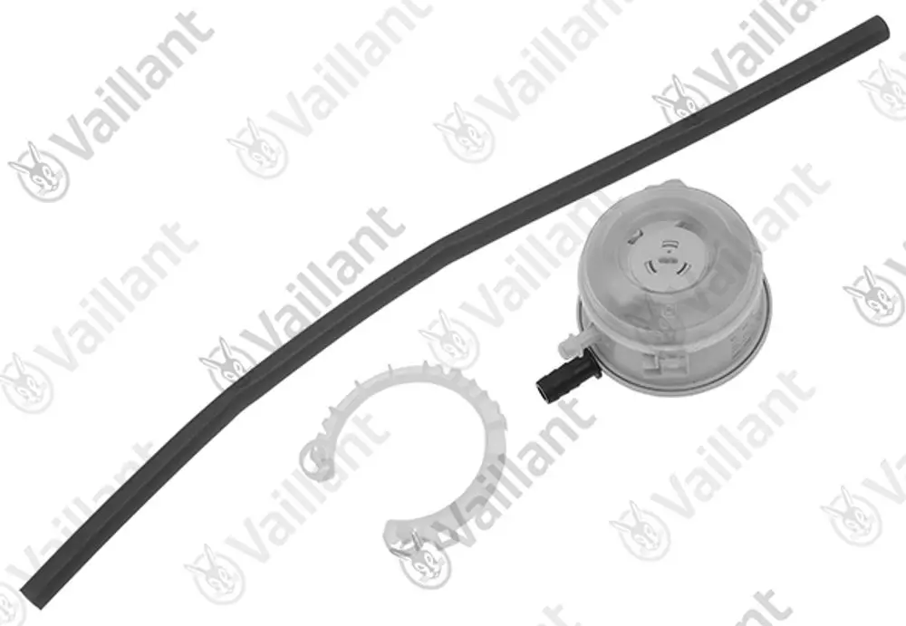 Vaillant Druckwächter mit transparentem Gehäuse, angeschlossenem Schlauch und Halterung, dargestellt auf neutralem Hintergrund.